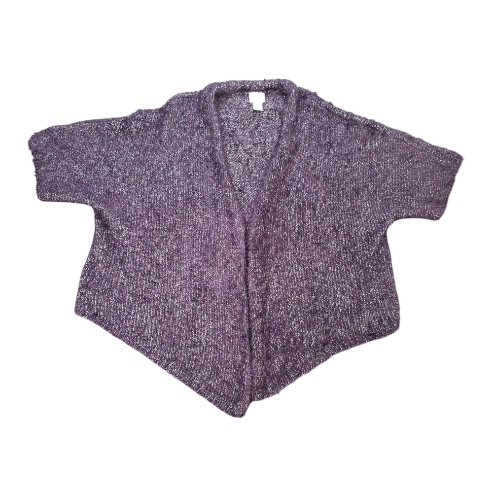 Chicos Eyelash Knit Open Front Cardigan Women's Size 2 (L) Purple Short Sleeve